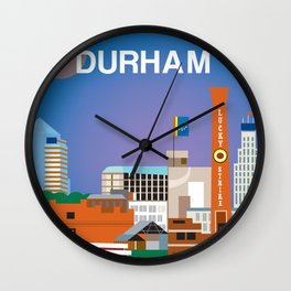 Durham, North Carolina - Skyline Illustration by Loose Petals Wall Clock | Durham, Vectorart, Print, Poster, Luckystrike, Northcarolina, Graphicdesign 