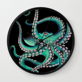Octopus Tentacles Dance Teal Watercolor Ink Black Wall Clock