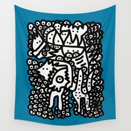 Black and White  Graffiti Cool Monsters on Blue background Wall Tapestry