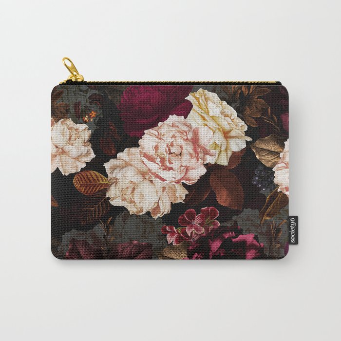 Vintage & Shabby Chic - Midnight Rose and Peony Garden Carry-All Pouch | Painting, Watercolor, Rose, Floral, Nature, Flower, Black, Pattern, Flowers, Garden