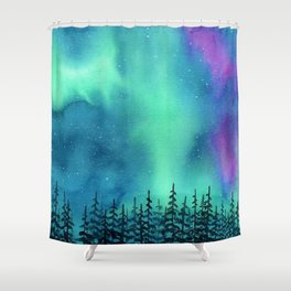 "Wilderness Lights" Aurora Borealis watercolor landscape painting Shower Curtain