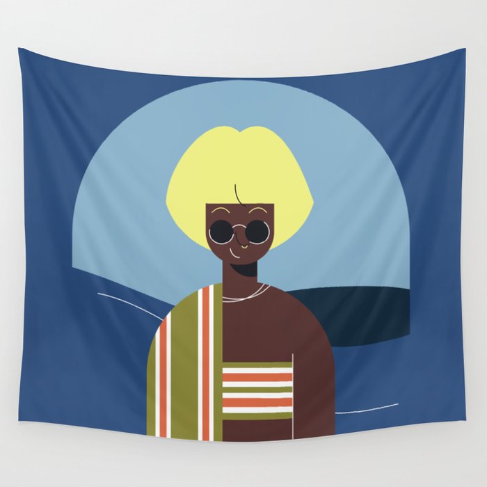 Yellow hair afro girl on the sea Wall Tapestry