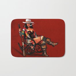Vintage Pinup Cowgirl In A Rocking Chair With A Shotgun Bath Mat | Vintage, Shotgun, Smoking, Graphicdesign, Decorative, Tarantino, Hat, Southwestern, Boots, Pinup 