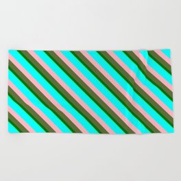 [ Thumbnail: Eye-catching Aqua, Light Pink, Dark Olive Green, Dark Green & Green Colored Stripes/Lines Pattern Beach Towel ]