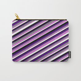 [ Thumbnail: Vibrant Gray, Orchid, White, Black & Indigo Colored Stripes/Lines Pattern Carry-All Pouch ]