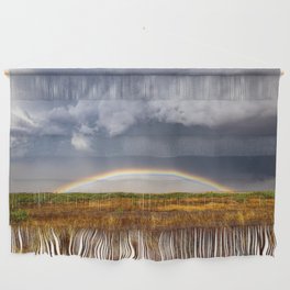 Vibrant Horizon - Brilliant Rainbow Low on the Horizon Under Storm Clouds on Stormy Spring Day in Texas Wall Hanging