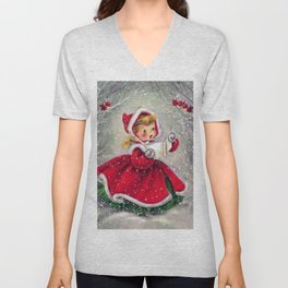 Vintage Christmas Girl Winter Forest V Neck T Shirt