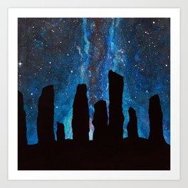 Outlander Craigh Na Dun Standing Stones Watercolor Painting with milky way galaxy Art Print