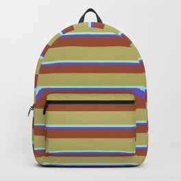 [ Thumbnail: Slate Blue, Sienna, Dark Khaki & Turquoise Colored Stripes Pattern Backpack ]