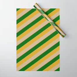 [ Thumbnail: Goldenrod, Tan & Dark Green Colored Lined Pattern Wrapping Paper ]