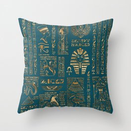 Egyptian hieroglyphs and deities - Gold on teal Throw Pillow