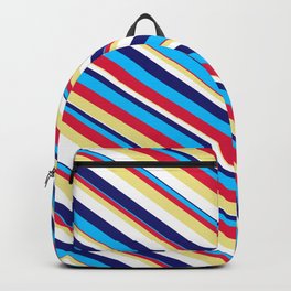 [ Thumbnail: Eyecatching Midnight Blue, Deep Sky Blue, Crimson, Tan, and White Colored Lined Pattern Backpack ]