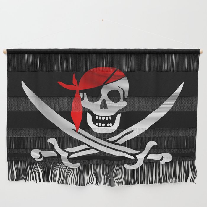 Jolly Roger pirate waving flag with skull and swords with red bandana on a silk drape  Wall Hanging