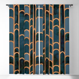 Art Deco Blue Teal Marble and Metallic Copper Marbled Pattern Blackout Curtain
