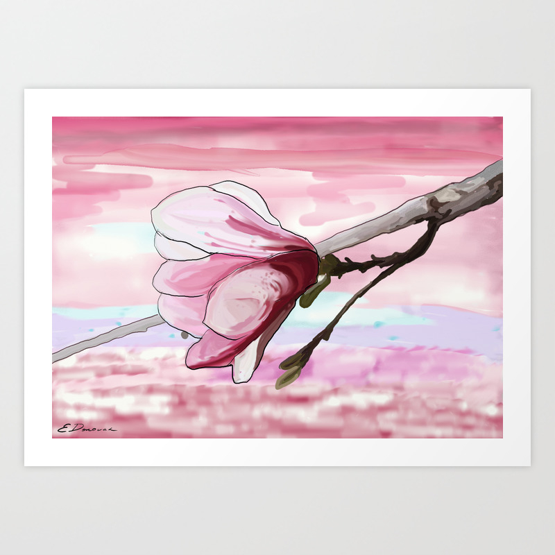 Pink Magnolia Blossom Japanese Style Painting Art Print By