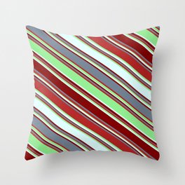 [ Thumbnail: Eyecatching Light Green, Light Cyan, Maroon, Slate Gray, and Red Colored Lines Pattern Throw Pillow ]