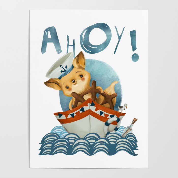 Ahoy! Fox captain sailing on a boat. Poster
