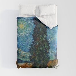 Road with Cypress and Star; Country Road in Provence by Night, oil-on-canvas post-impressionist landscape painting by Vincent van Gogh in alternate blue twilight sky Duvet Cover