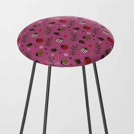 Ladybug and Floral Seamless Pattern on Magenta Background Counter Stool