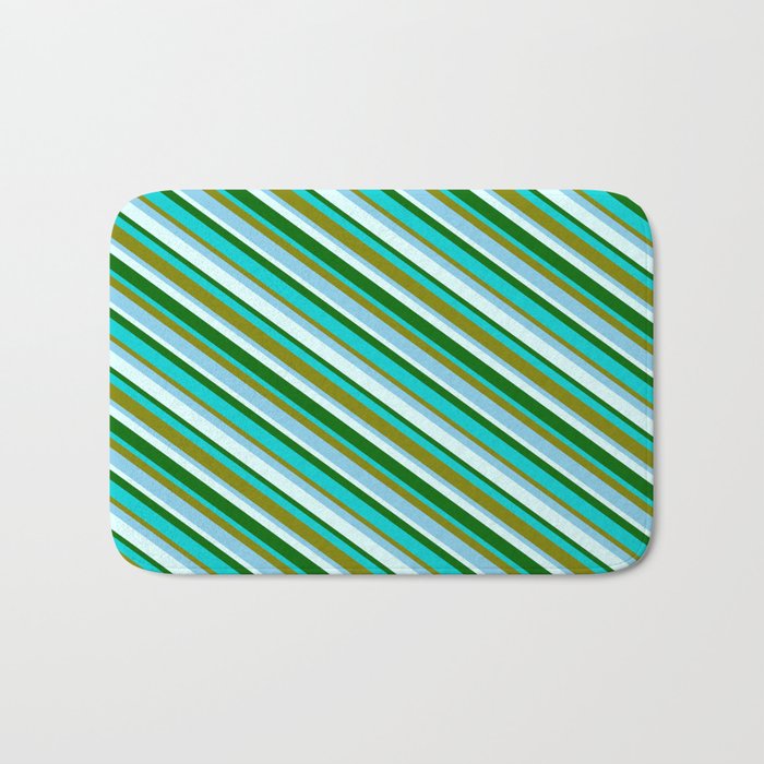 Colorful Green, Sky Blue, Light Cyan, Dark Green, and Dark Turquoise Colored Lines/Stripes Pattern Bath Mat