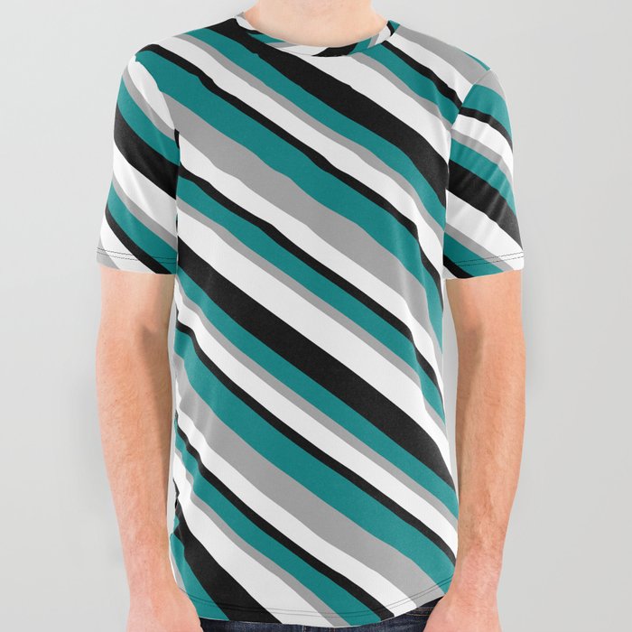 Teal, Dark Grey, White, and Black Colored Lines/Stripes Pattern All Over Graphic Tee
