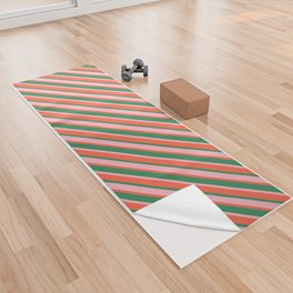 [ Thumbnail: Sea Green, Light Pink, and Red Colored Lined/Striped Pattern Yoga Towel ]