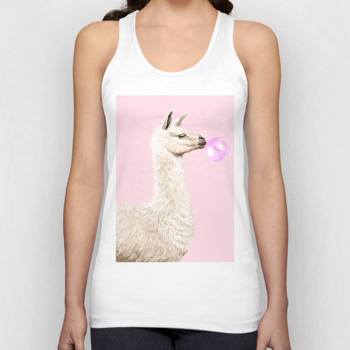 Playful Llama Chewing Bubble Gum in Pink Tank Top