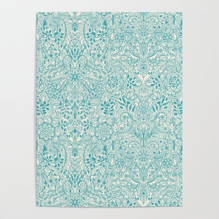 Detailed Floral Pattern in Teal and Cream Poster