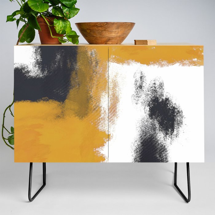 Odessa 3 - Minimal Abstract Painting in Yellow, Black and White Credenza