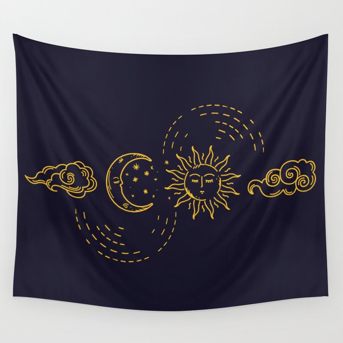 Blue and gold sun and moon oriental style Wall Tapestry