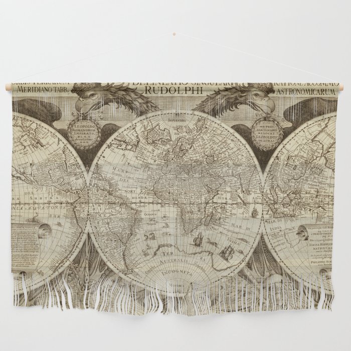 Antique world map with sail ships, sepia Wall Hanging