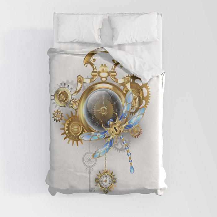 Steampunk Clock with Mechanical Dragonfly Duvet Cover