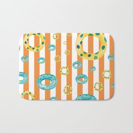 Yellow and Blue Pool Floats on Orange Stripes Bath Mat | Watercolor, Sea, Summer, Saver, Ring, Pattern, Rescue, Sos, Seamless, Nautical 