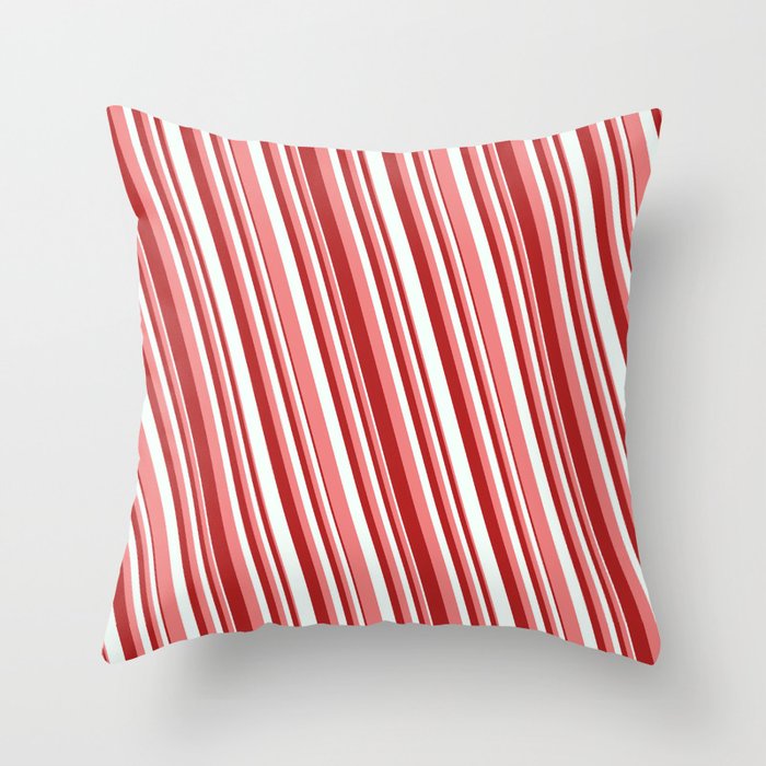 Light Coral, Red & Mint Cream Colored Stripes Pattern Throw Pillow