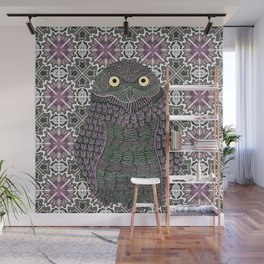 Cute burrowing owl decorated and on a patterned background - Pink and brown Wall Mural