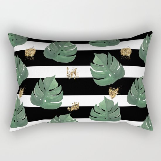 Seamless tropical leaves pattern on stripes background. Greens leaves of exotic monstera plant. Retr Rectangular Pillow