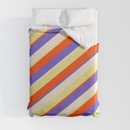 [ Thumbnail: Red, Slate Blue, Beige, and Tan Colored Lines/Stripes Pattern Duvet Cover ]