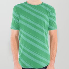 [ Thumbnail: Aquamarine and Sea Green Colored Lined/Striped Pattern All Over Graphic Tee ]