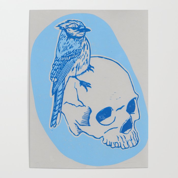 Bluejay and Skull Reduction Linocut Print Poster