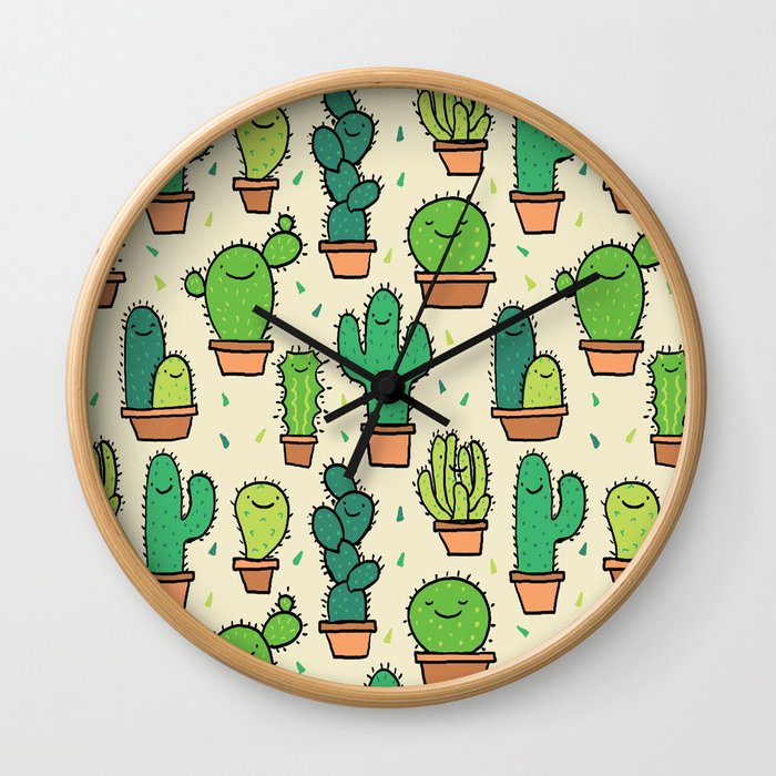 Cute Happy Cactus Cacti Pattern Wall Clock