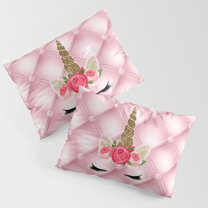 Pink Roses Gold Glitter Unicorn Pillow Sham