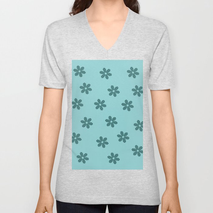 Checkered Flowers Pattern in Light Green & Green V Neck T Shirt