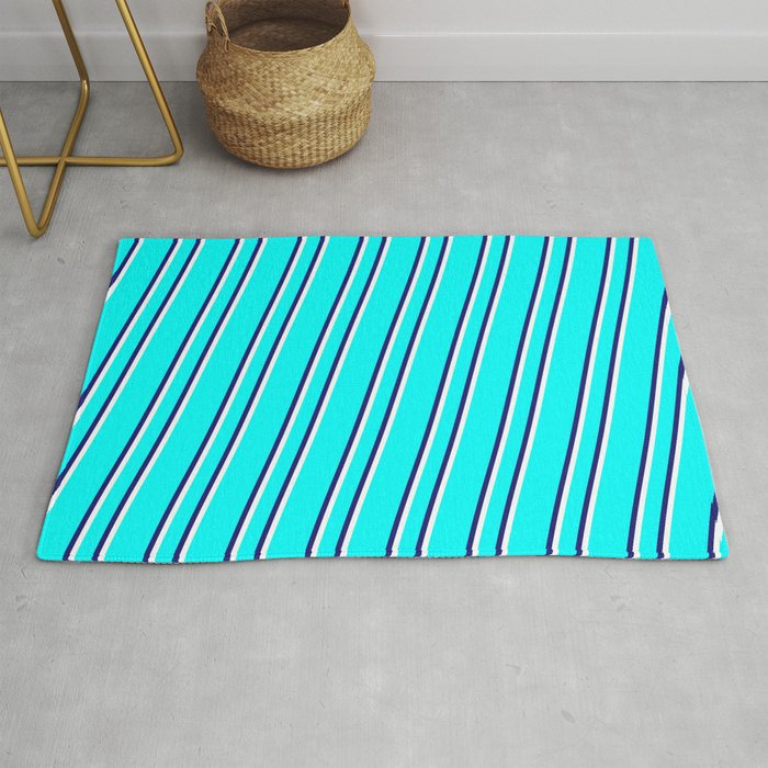 Aqua, Midnight Blue, and White Colored Stripes Pattern Rug