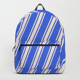 [ Thumbnail: Royal Blue & Beige Colored Striped Pattern Backpack ]