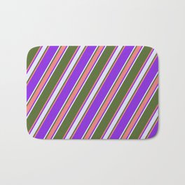 [ Thumbnail: Dark Olive Green, Light Coral, Purple & Lavender Colored Stripes/Lines Pattern Bath Mat ]