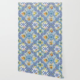 Blue Sicilian Limones_italian summer citrus fruit maiolica pattern_bloomartgallery Wallpaper