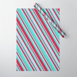 [ Thumbnail: Turquoise, Crimson, and Light Blue Colored Lined Pattern Wrapping Paper ]