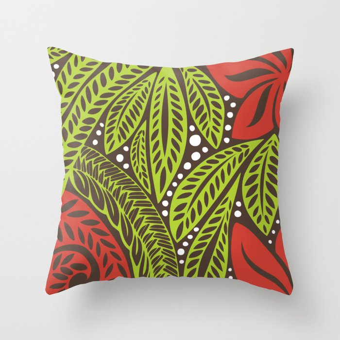 Polynesian flower floral green red tattoo design Throw Pillow