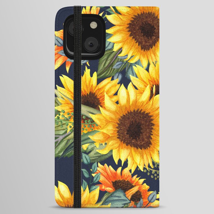 Festive, Sunflower, Yellow and Green on Navy Blue, Floral Prints iPhone Wallet Case