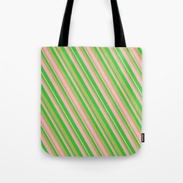 [ Thumbnail: Dark Khaki, Light Pink & Lime Green Colored Lines/Stripes Pattern Tote Bag ]